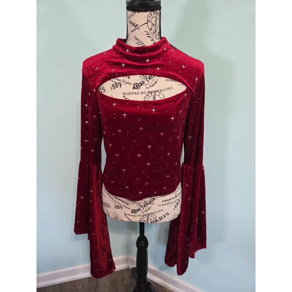 Cider Velvet Star Pattern Bell Sleeve Top red Festival Witchy Boho large